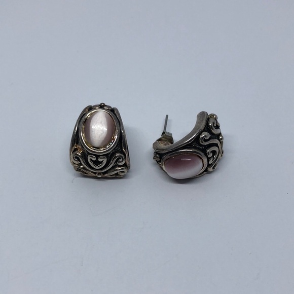 𝅺Antique silver tone small half hoop cat’s eye earrings cabachon vintage. - Picture 1 of 7